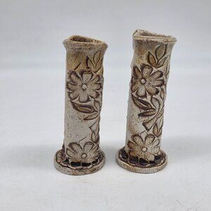0Signed Carved Ceramic Bud Vase Pressed Flower Design 4.5" Glazed Top